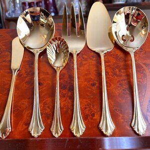 6 PC GOLD STAINLESS SERVEWARE SET -24KT GOLD PLATE-“MON CHER" PATTERN -RETRONEAU